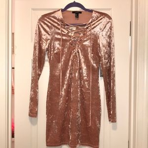 Pink suede shimmery long sleeve tie-up dress